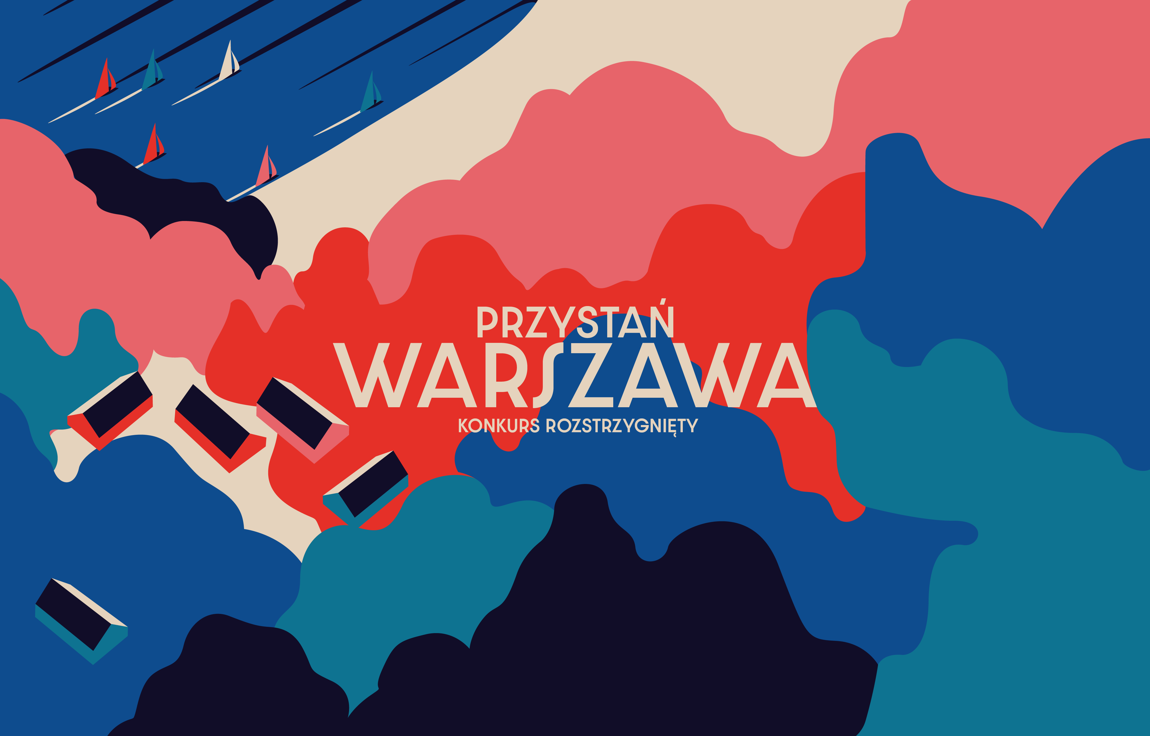 Widok na Przystań Warszawa z góry - drewniane domki wśród zieleni, łódki płynące Wisłą