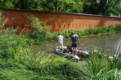Staw w parku, dwóch mężczyzn na pontonie, kijkami mącą wodę i przyglądają się wodzie.