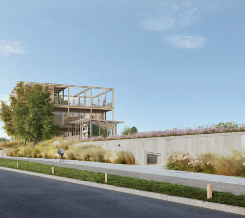 Realistyczna wizualizacja nowego budynku bosmanatu w porcie czerniakowskim, widok od strony ulicy Czerniakowskiej