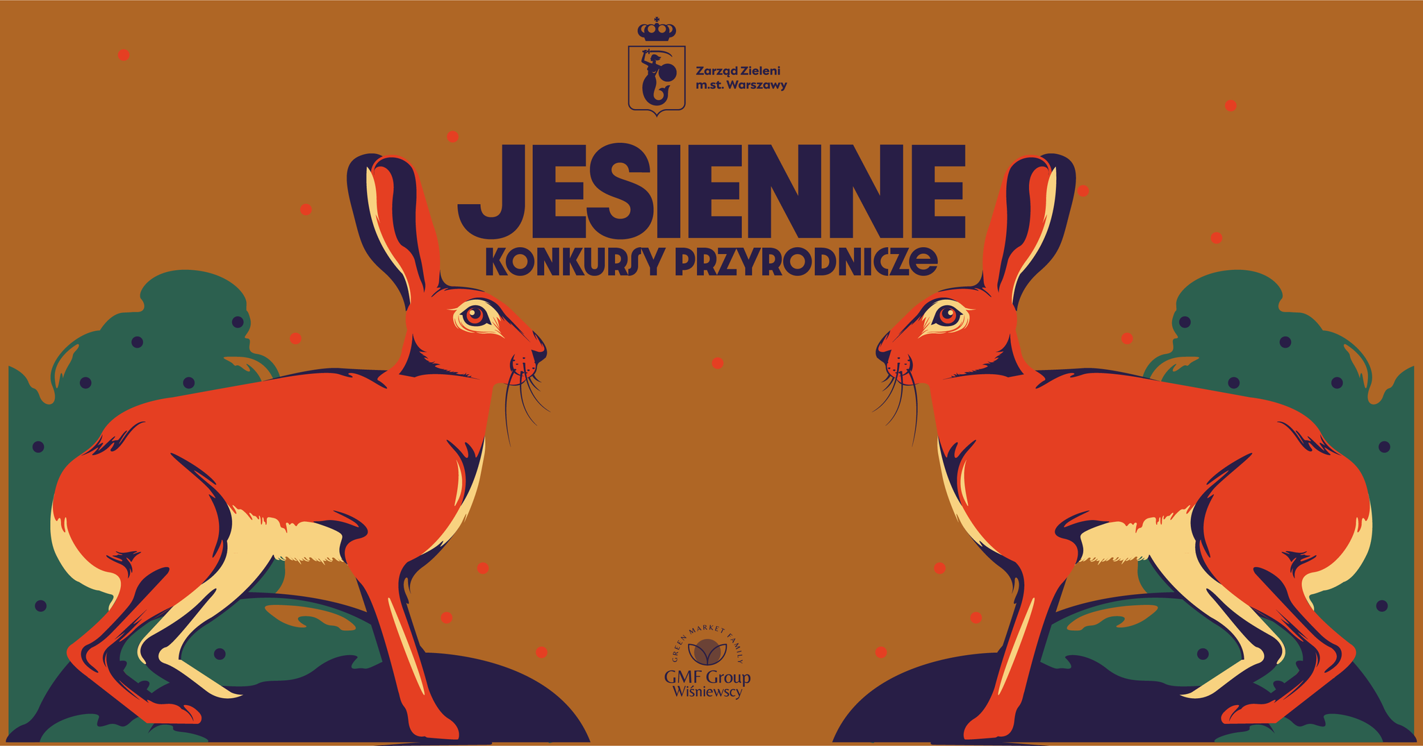 Dwa zające na grafice, napis: Jesienne konkursy przyrodnicze