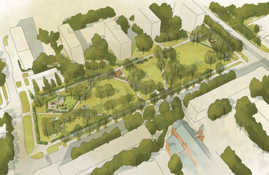 Rysunek przedstawiający nowy wygląd skweru Jana Jura-Gorzechowskiego.