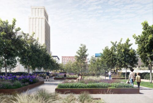 Wizualizacja Placu Powstańców - zieleń, drzewam rabaty, alejki