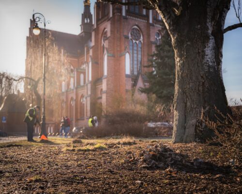 Pracownicy grabią liście na skwerze na Pradze-Północ
