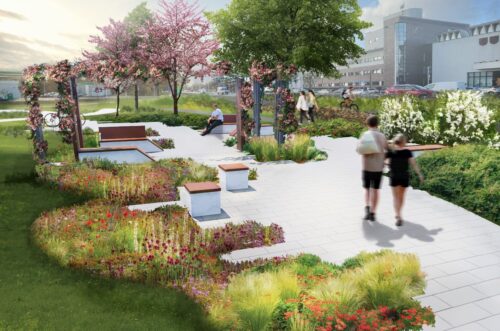 Wizualizacja skweru przy ul. Modlińskiej, zieleń, ławki, ludzie spacerują, drzewa, wiosna