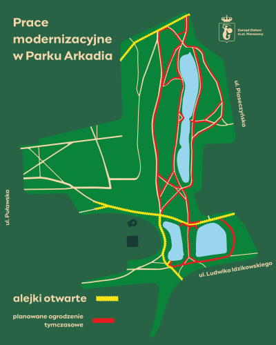 Mapka Parku Arkadia z oznaczonymi alejkami dostępnymi i zamkniętymi tymczasowo